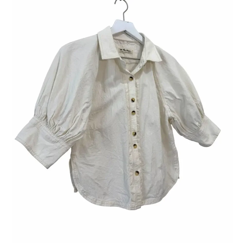 Free People White Puff Sleeve Button Front Cotton Blouse Top  Size X-Small